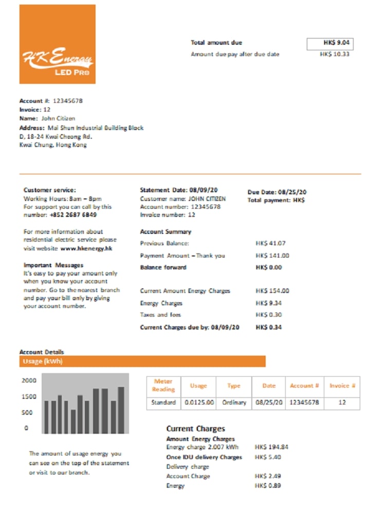 Hong Kong Energy Ltd utility bill